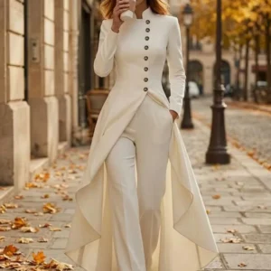 Chaqueta larga fina de mujer con cuello alto
